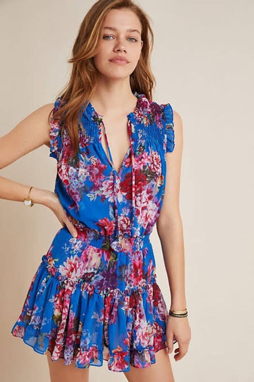 MISA Sabine Blue Red Floral Print Sleeveless Ruffled Tie Neck Mini Dress Size S